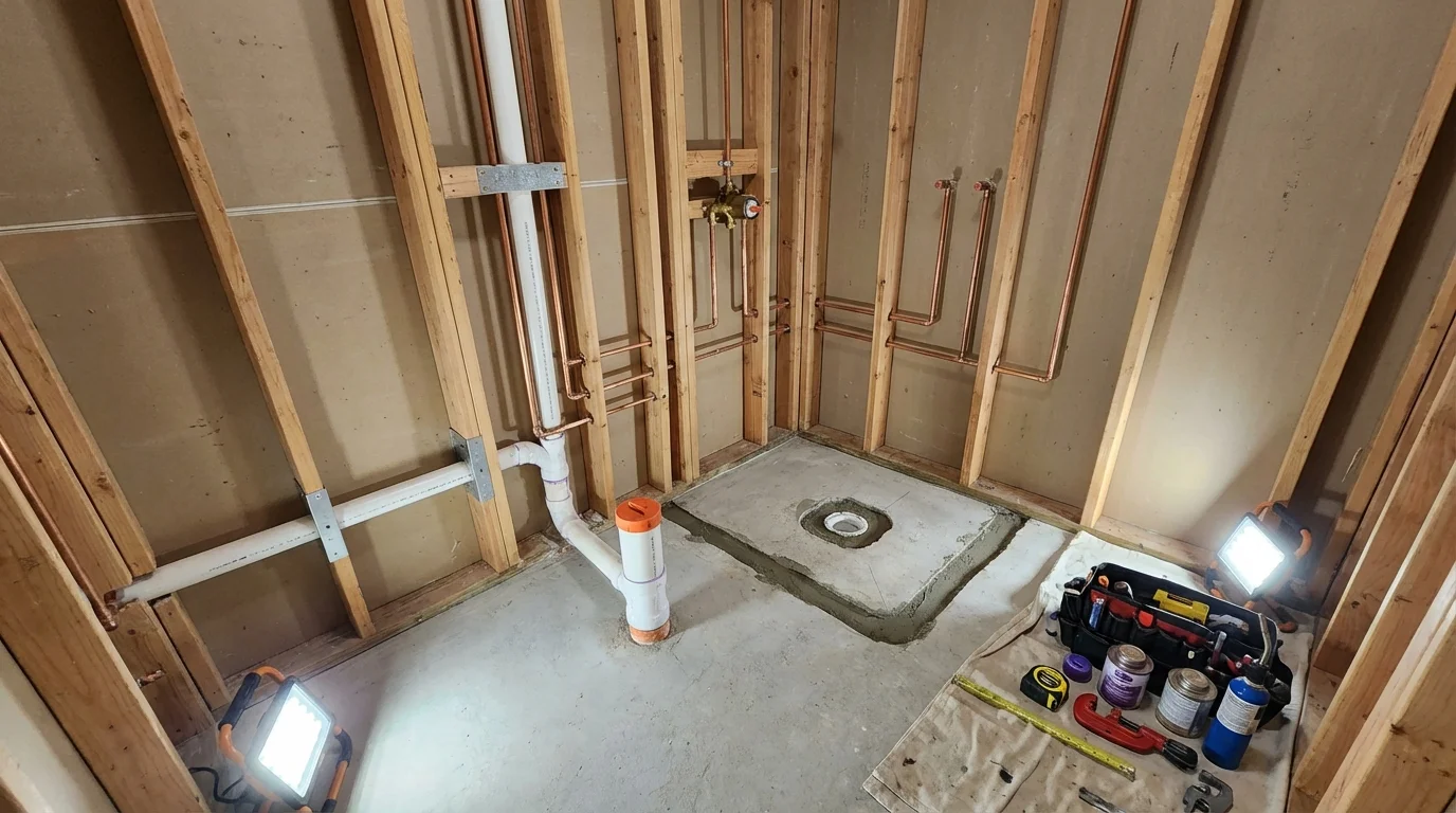 Bathroom rough-in plumbing during remodel by Johns Plumbing LLC in Cramerton