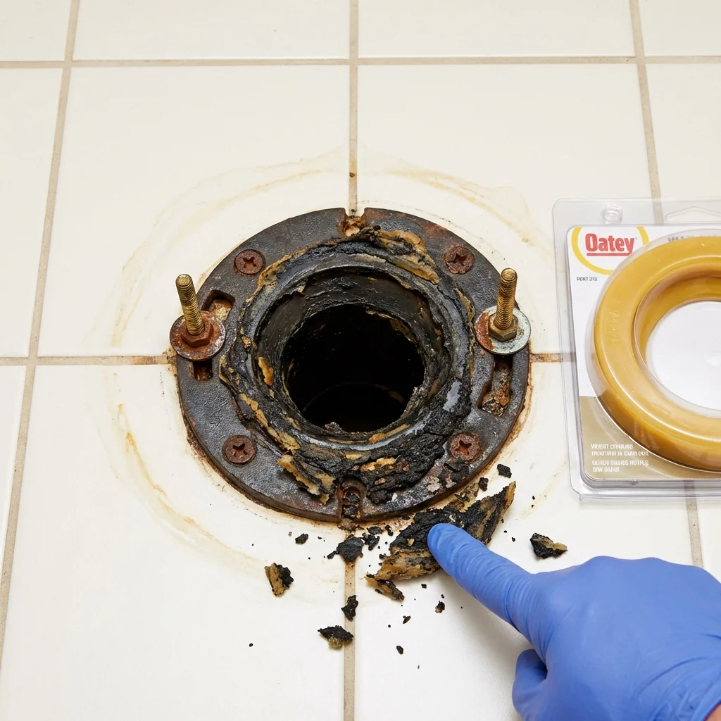 Failed wax ring showing water seepage at the base of a toilet in a Cramerton, NC home